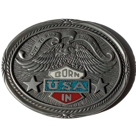 1986 Live to Ride, Ride to Live, Born in USA Vintage Belt Buckle, Turquoise - Picture 4 of 7